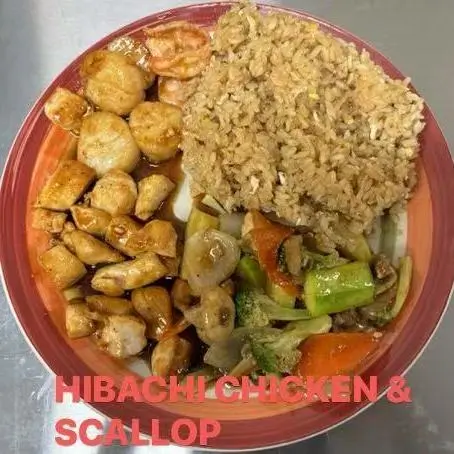 Hibachi dish with chicken, scallops, fried rice, and mixed vegetables at FUJI SAN Japanese restaurant in Vestal